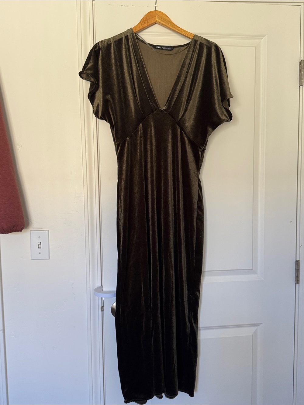 Zara Dark Olive Velvet V-Neck Maxi Dress